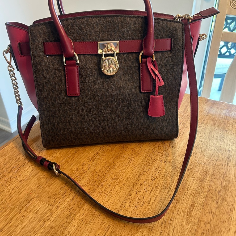 Michael Kors Brown and Burgundy Hamilton color block Tote/ shoulder Bag
